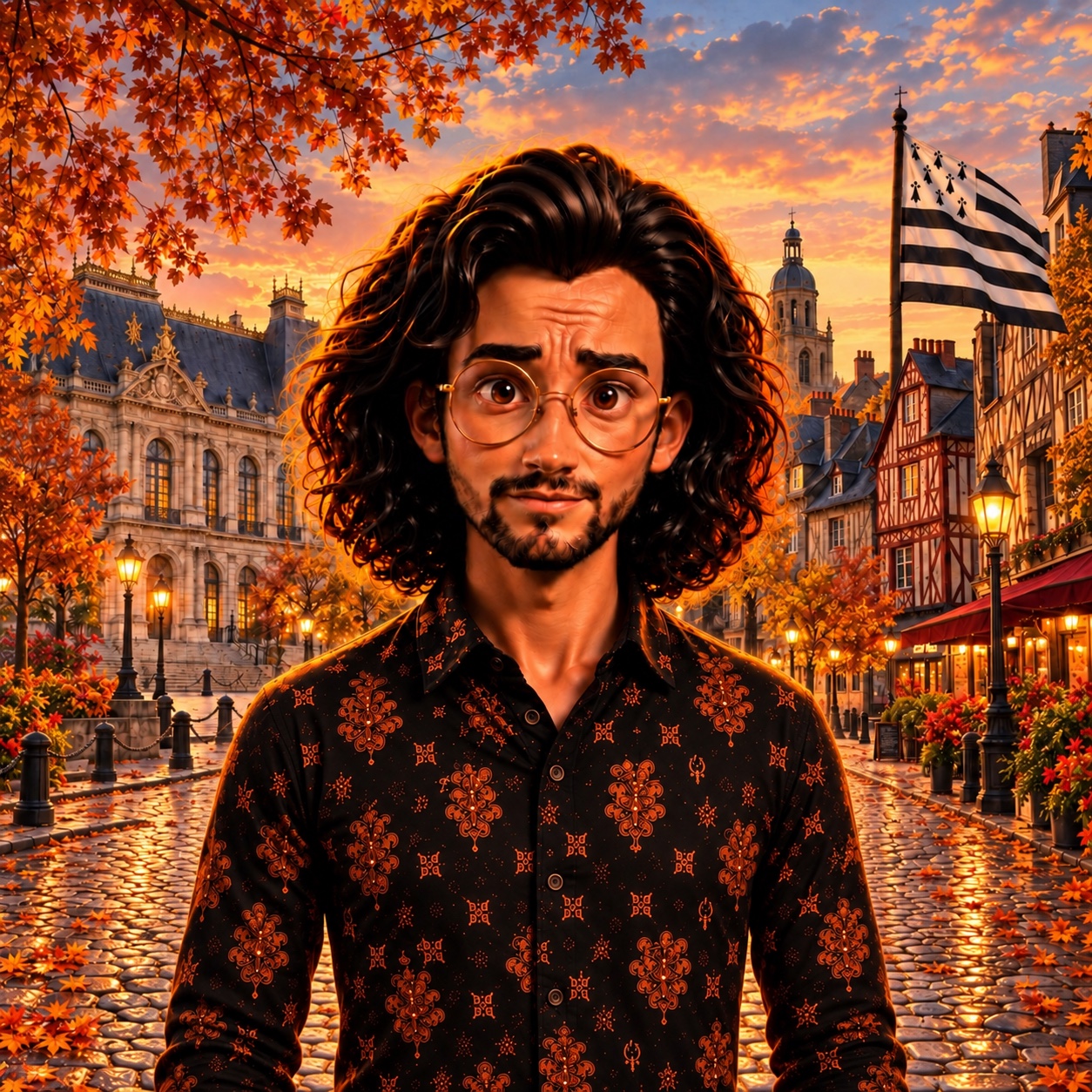 Portrait de QG Visuals dans un décor breton aux couleurs d’automne, avec le drapeau breton au coucher du soleil.